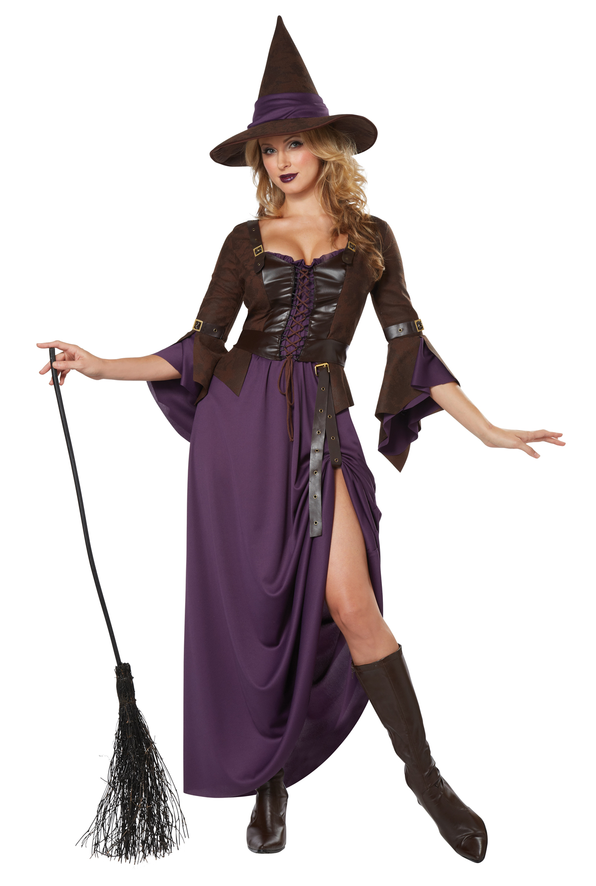 Womens Wicked Witch Hocus Pocus Long Purple Dress Halloween Costume 