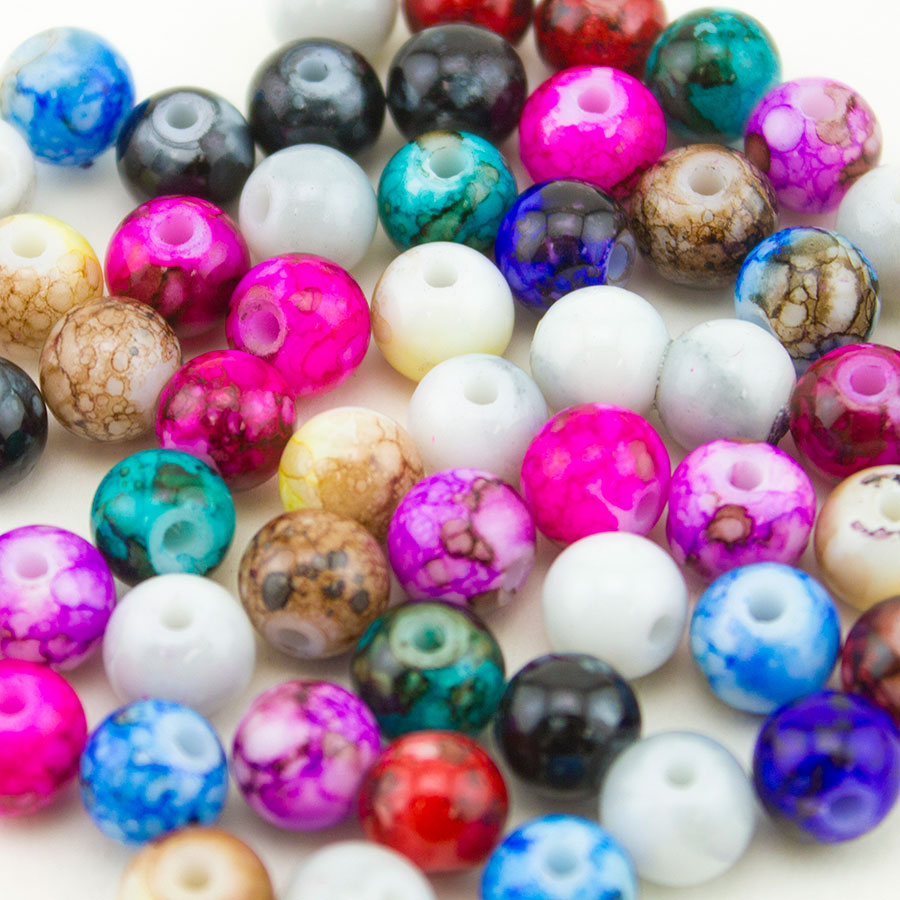 50pcs Wholesale Mix Artistic Marble Design Lampwork Glass Round Beads