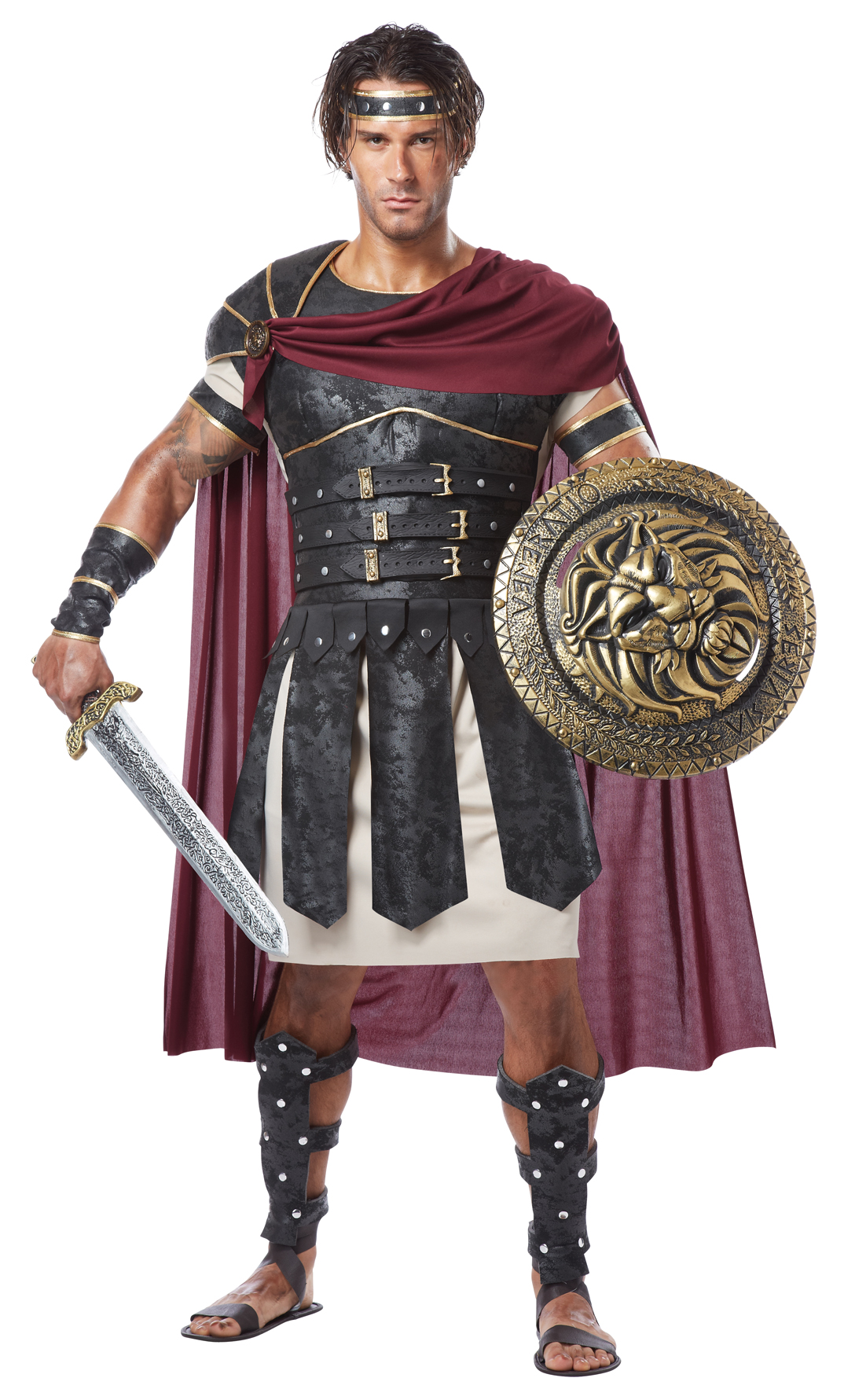 Men's Roman Gladiator Greek Soldier Halloween Costume Set Cape Tunic ...