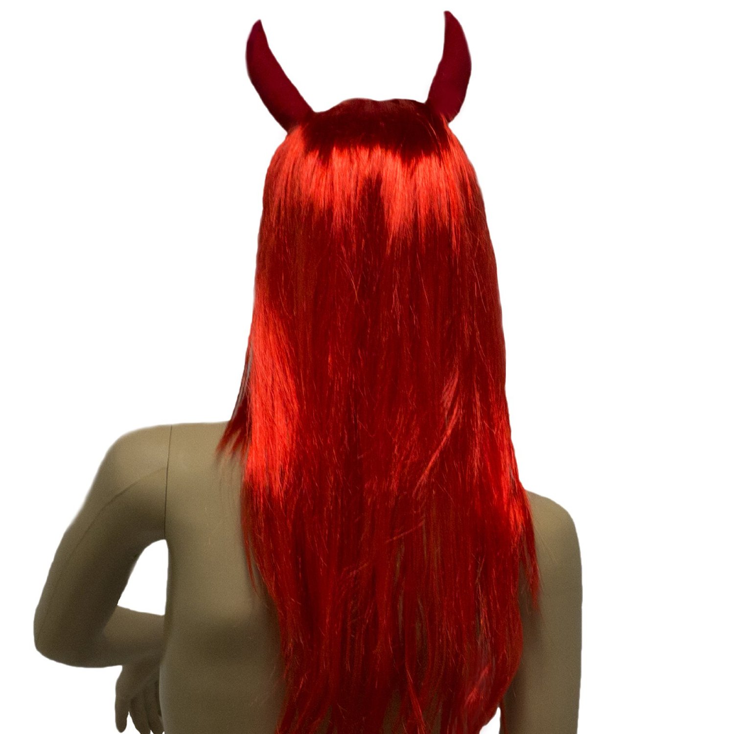 Flaming Red Wig Fake Hair Bangs Long Straight Devil Horns Halloween ...